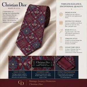 Christian Dior Mens Red Navy Blue Medallion Silk Tie Made in USA Italy Woven